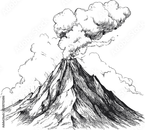 Volcano eruption with smoke clouds in detailed black and white illustration. Vector illustration