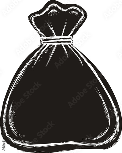 Black and white illustration of a tied sack with textured lines. Vector illustration