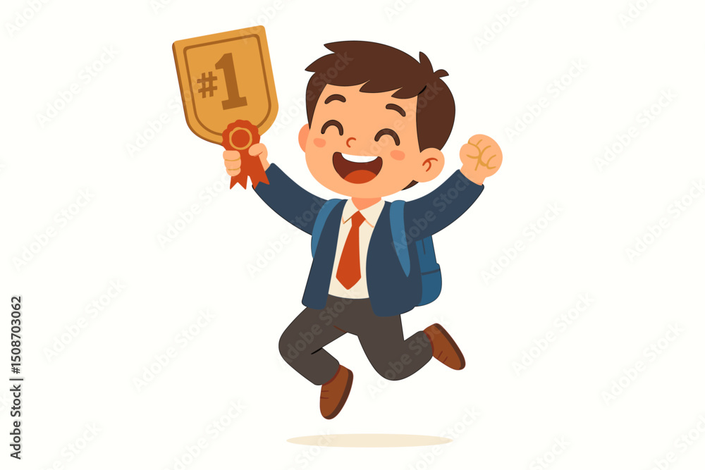 Cheerful Schoolboy Jumping with Trophy, Celebrating Academic Success and Achievement, Wearing Uniform and Backpack, Smiling Victoriously, Winner of School Competition or Award Ceremony Cheerful Schoolboy Jumping with Trophy, Celebrating Academic Success and Achievement, Wearing Uniform and Backpack, Smiling Victoriously, Winner of School Competition or Award Ceremony