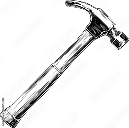 Black and white detailed sketch of a carpenter's hammer. Vector illustration