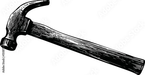 Black and white illustration of a hammer with a wooden handle, vintage style. Vector illustration