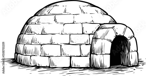 Black and white illustration of an igloo drawn with detailed stone texture. Vector illustration