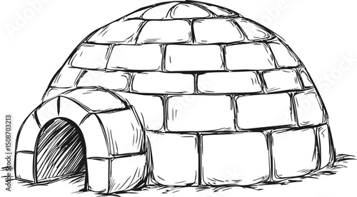 Monochrome sketch of a traditional igloo with bricks and a small entrance. Vector illustration