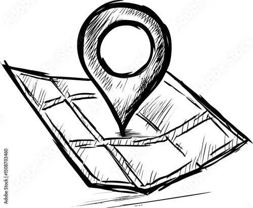 Hand-drawn map with location pin in black and white sketch style. Vector illustration