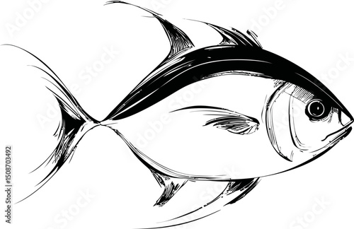 Black and white sketch of a tuna fish with bold lines. Vector illustration