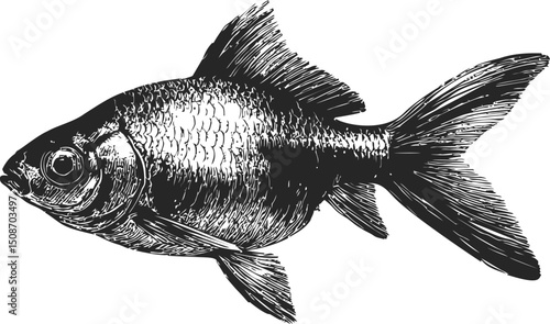 Black and white engraving of a fish with detailed scales and fins illustration. Vector illustration