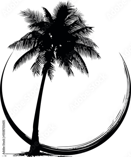 Silhouette of a single palm tree with curved ground in black and white art. Vector illustration