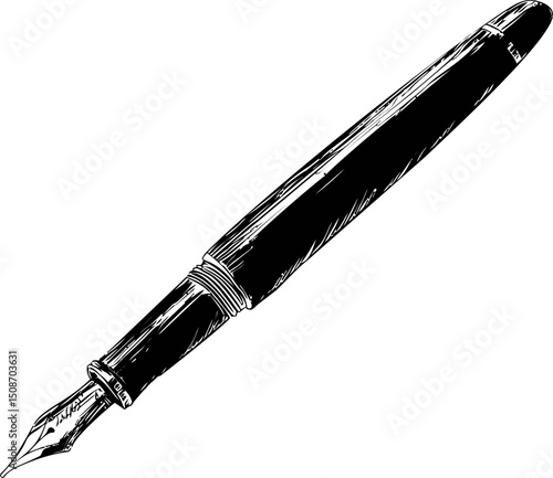 Black and white illustration of a fountain pen with intricate details. Vector illustration