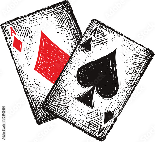 Two playing cards ace of spades and ace of diamonds in sketch style illustration. Vector illustration