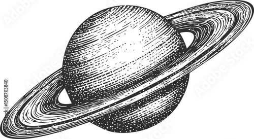 Vintage hand-drawn illustration of saturn with rings in black and white. Vector illustration