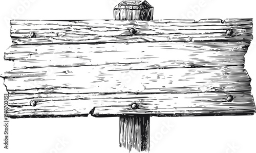 Wooden plank sign with black and white sketch and rustic appearance. Vector illustration