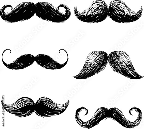 Hand-drawn black mustache set, vintage fashion accessories. Vector illustration