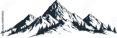 Black and white illustration of snowy mountain range with evergreen trees. Vector illustration