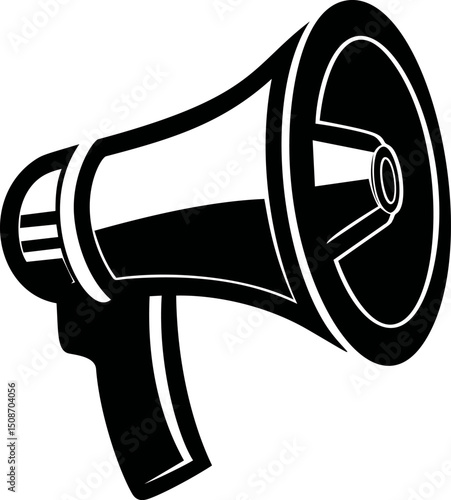 Black and white illustration of a megaphone with bold outlines. Vector illustration