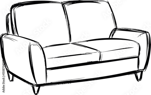 Black and white sketch of a modern sofa with clean lines and elegant design. Vector illustration
