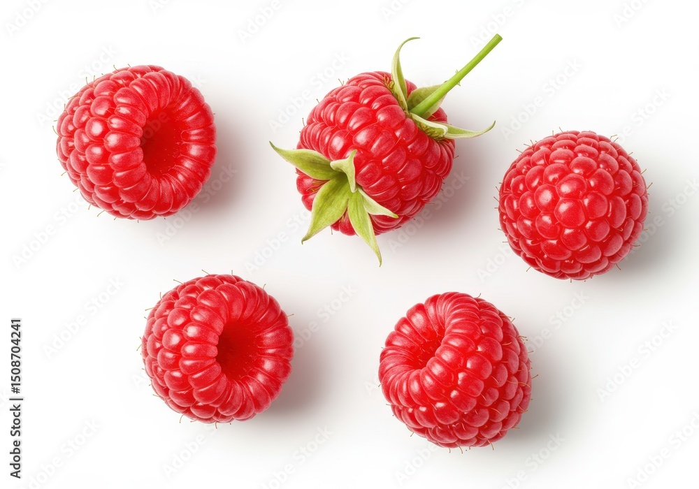 Five fresh raspberries with green stems arranged on a white surface Five fresh raspberries with green stems arranged on a white surface