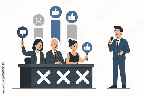 Animated Talent Show Jury Panel Voting with Thumbs Up and Down Signs, Judges Giving Feedback on Performance, Cartoon Illustration of Entertainment Competition Evaluation Scene