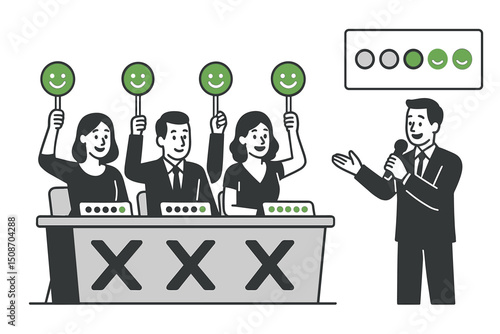 Jury Voting Concept Illustration Showing Group Decision Making and Evaluation Process with Diverse Panel Assessing and Selecting Candidates in Modern Setting
