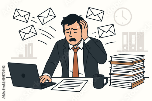 Cartoon vector illustration of an overwhelmed businessman at his office desk, stressed by email overload, paperwork, deadlines, and job pressure leading to burnout and mental fatigue.