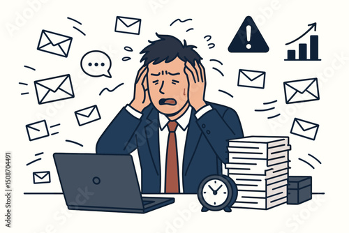 Stressed office worker clutching head, overwhelmed by excessive workload, emails, and deadlines. Vector graphic showing businessman burnout, multitasking pressure, and corporate stress.