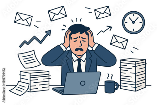 Overwhelmed businessman vector illustration showing stress at office desk with laptop, piles of documents, flying emails, and clock representing workload, burnout, and deadline pressure.