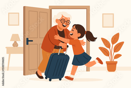 Happy senior grandmother arriving home with luggage, greeted by excited granddaughter running for a warm welcome hug, vector illustration depicting family love and reunion.