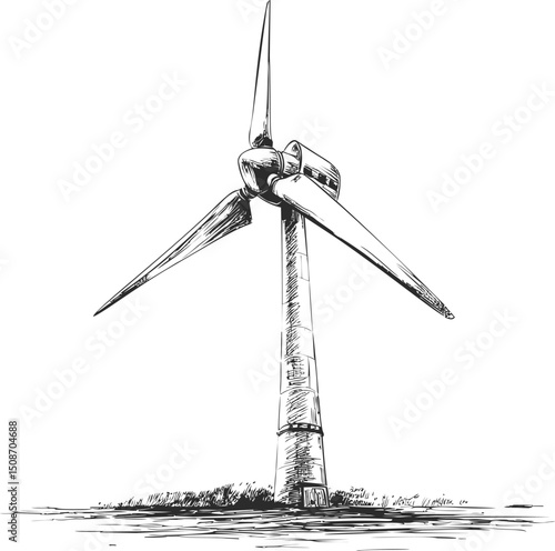 Illustration of a wind turbine in monochrome line art style, depicting clean energy. Vector illustration