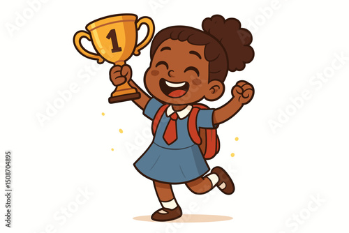 Happy African American schoolgirl in uniform celebrating victory, excitedly holding a golden first-place trophy. Cute cartoon vector illustration of student achievement and success.