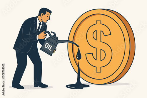 Businessman pouring oil from a can onto a giant dollar coin, vector illustration representing economic fuel, investment, finance, petroleum industry influence, and monetary policy metaphor.