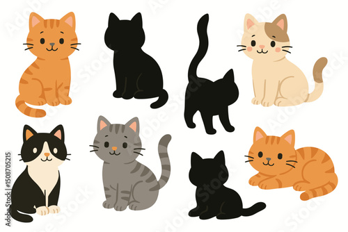Set of adorable cat illustrations including cute cartoon kittens, tabby cats, tuxedo cats, and simple black silhouettes. Flat design vector graphic collection isolated on white.