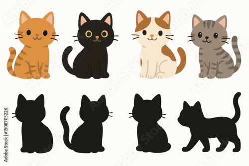 Set of charming cartoon cats and kittens vector graphics, including orange tabby, black, calico, grey tabby illustrations and matching black silhouettes isolated on white background.