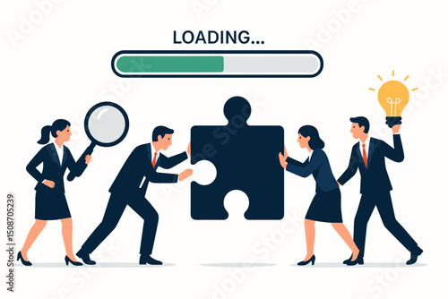 Teamwork concept showing business people collaborating on a solution, pushing a puzzle piece, analysing, innovating with an idea under a progress loading bar visualization.