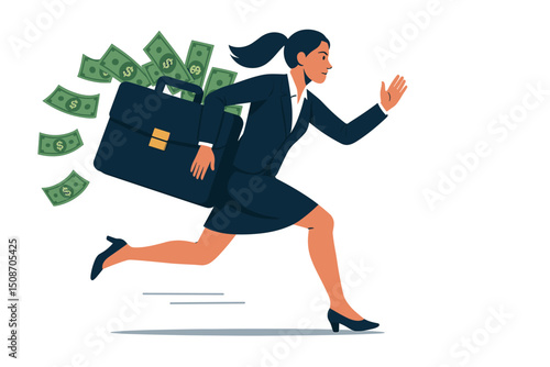 Professional woman in suit running with briefcase overflowing with money, vector graphic representing business success, financial urgency, wealth pursuit, fast career growth or losing funds.