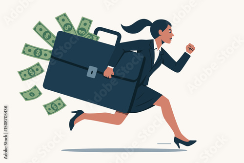 Determined businesswoman in a suit sprinting urgently, carrying a large briefcase overflowing with money, dollar bills falling out behind her representing financial risk or gain vector illustration.