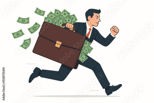 Energetic Businessman Sprinting with Overflowing Briefcase of Cash, Vector Illustration for Financial Success and Wealth Accumulation