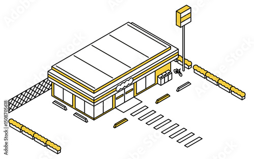 駐車場に車の停まっていないコンビニエンスストア、シンプルな線画のアイソメトリックイラスト