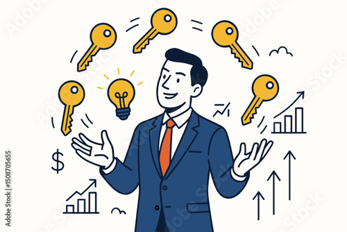 Smiling businessman juggling keys to success, lightbulb idea, and growth charts vector illustration. Concept of management, opportunity, strategy, financial growth, and innovation.