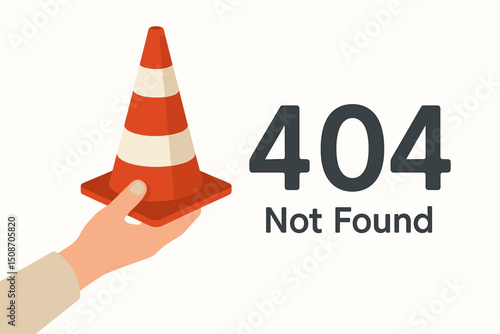 404 error page concept vector art with a hand displaying a traffic cone. Represents 'Page Not Found', website maintenance, broken links, and internet server issues illustration.