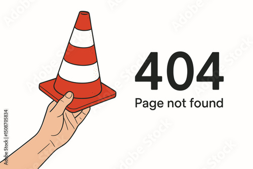 404 error page not found vector illustration. Hand holding a safety traffic cone graphic, concept for website down, connection lost, maintenance message or unavailable content.