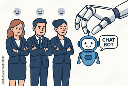 Skeptical business people watch as a robot hand introduces a smiling AI chatbot, illustrating employee anxiety, workforce automation concerns, and fear of technology replacing jobs.