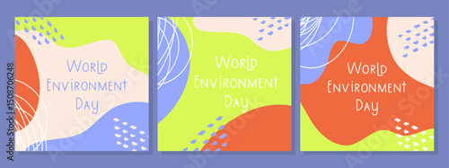 Posters set of World Environment Day, brochure, flyer, bright templates. Eco organic line abstract shape drawing, boho style hand drawn design, simple wallpaper.