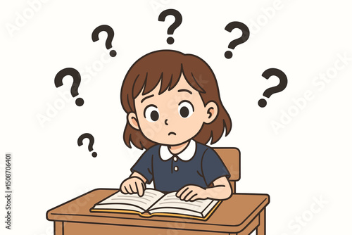 Confused cute cartoon schoolgirl finds studying difficult, sitting at desk reading textbook with floating question marks, representing learning problems or challenges in education vector.