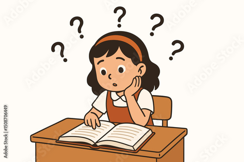 Thoughtful elementary school student puzzling over a difficult lesson in her book, sitting at a desk with question marks illustrating confusion, curiosity, and the learning process vector.