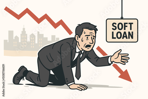 Vector illustration of a panicked businessman crawling desperately towards a soft loan offer, escaping financial crisis, recession, and economic downturn symbolized by a graph.
