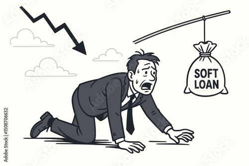 Desperate businessman crawling towards a dangling soft loan money bag during a financial crisis, retro cartoon vector illustration symbolizing economic downturn and the struggle for funding.