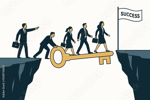 Business leadership guides team across chasm using golden key as bridge to reach success flag. Vector concept for teamwork, strategy, overcoming obstacles, reaching goals.
