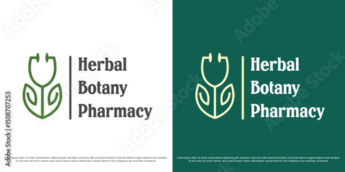 Herbal pharmacy logo design illustration. Medical stethoscope silhouette tree leaf pharmacy. Simple minimal geometric nature icon symbol.