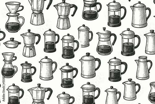 Seamless pattern featuring various hand-drawn coffee makers like moka pots, French presses, and pour-over drippers. Vintage black and white sketch style vector illustration background.