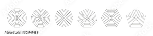 Radar, spider diagram flat templates. Spider mesh patterns. Polygon thin graphs. Diagram for statistic, analytic. Blank radar black charts. Minimalist coaching tool. Grid mockups with segments.