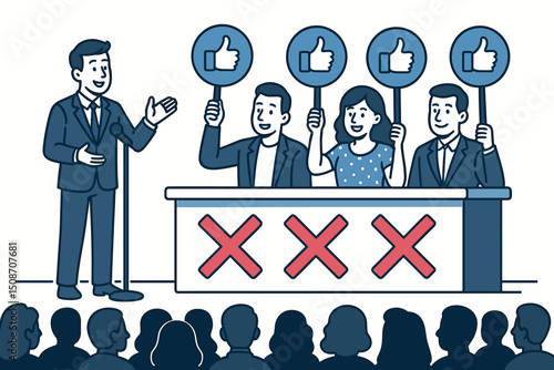 Speaker receives positive evaluation from judges panel holding thumbs up signs. Jury votes unanimously for approval in front of audience during contest or presentation feedback session.